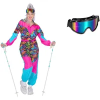 80er Jahre Ski-Anzug Graffiti Damen-Kostüm mit Brille 80's Overall Einteiler Trash Apres Ski, Größe:40 - 40