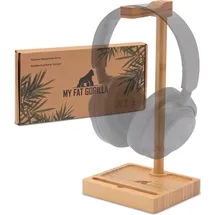 My Fat Gorilla Kopfhörer Ständer aus Bambus, Kopfhörer Halter mit Smartphone Ständer, Headset Ständer mit Ablage, Headphone Stand aus Holz - Braun