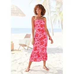 Midikleid LASCANA, Damen, Gr. 40, N-Gr, pink rot floral, Jersey, Obermaterial: 100% Viskose, casual, figurbetont, Kleider, mit Volant am Rocksaum