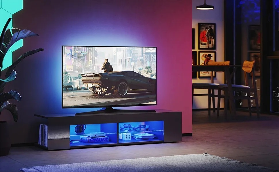 SONNI TV-Schrank TV-Lowboard Breite 135cm Schwarz Hochglanz mit LED Beleuchtung mit Glasböden, Unterschrank, Modern design
