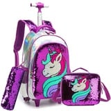 HTgroce Magische Pailletten Einhorn Schulranzen Rucksack Trolley mit 2 Rollen für Kinder Mädchen,Nylon,Kinder Schultrolley Geeignet für Schule und Reise,Mit Essensbeutel und Federmäppchen,Lila