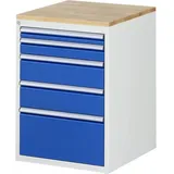 RAU Schubladenschrank Serie 7000, HxBxT 825 x 580 x 650 mm, 5 x 90%-Auszug-Schubladen 1 x 60, 1 x 90, 2 x 150, 1 x 270 mm, Arbeitsplatte Buche