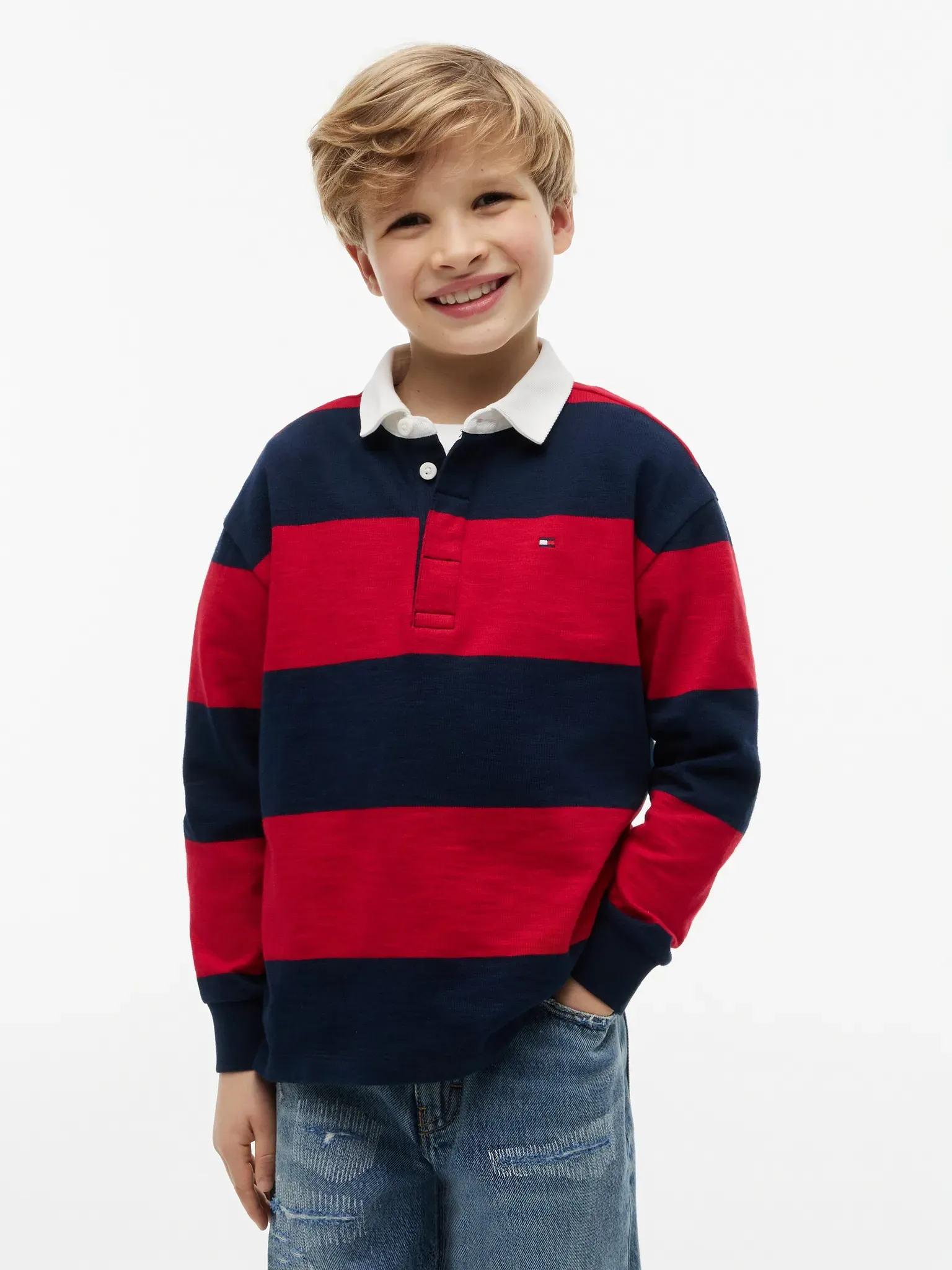 Langarm-Poloshirt TOMMY HILFIGER, Jungen, Gr. 16 (176), rot (primary rot stripe), Single Jersey, Obermaterial: 100% Baumwolle, gestreift, regular fit normal, Rundhals, eingesetzt gerader Abschluss, Shirts, Kinder bis 16 Jahre