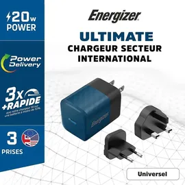 Energizer ENERGIZER, GaN 4A USB-C 20W Netzladegerät mit EU/UK/US Steckdosen, Schwarz / Blau - Bunt