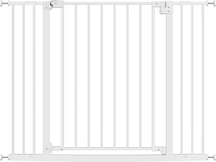 WOLTU Treppenschutzgitter, Türschutzgitter, Absperrgitter, Inkl. 2 Verlängerungen von 10 cm, 75-107 cm, mit/ohne Bohren, Auto-Schließfunktion, 90° Stopp, beidseitig schwenkbar, 2 Verschlüsse, Metall, Weiß
