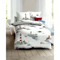 Bettwäsche KAEPPEL "Küstenlandschaft", bunt, B/L: 155cm x 220cm, , Mako-Satin, B/L: 80cm x 80cm, Mako-Satin, Obermaterial: 100% Baumwolle, Bettwäsche, Mit Leuchtturm
