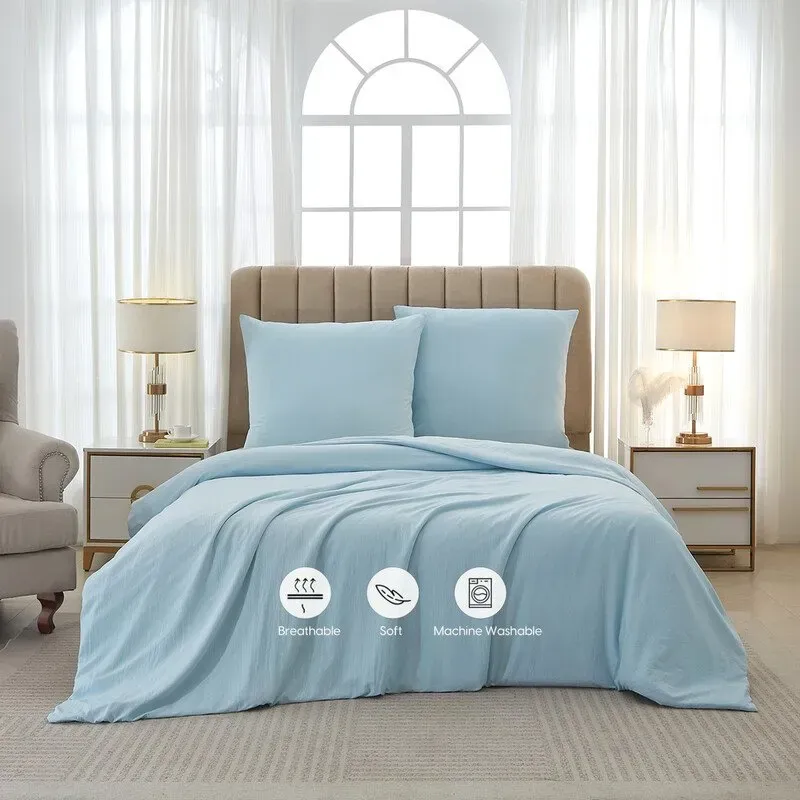 Meeallhome Bettwäsche-Set aus gewaschener gebürsteter Baumwolle 200x200cm/80x80cmx2 See-Blau