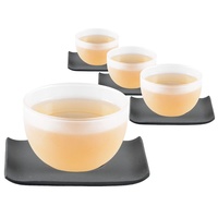 tea4chill 4 x Teetasse Glas mit Untertasse aus Gusseisen in schwarz, 120ml gefrostet. Traditionelles asiatisches Set Teebecher Glas mit Untertasse. Ideal Ergänzung für Gusseisen Teekanne.