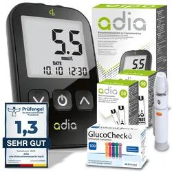 adia Blutzuckermessgerät (mmol) + 110 Blutzuckerteststreifen, 110 Lanzetten, 1 Stechhilfe, 1 Etui