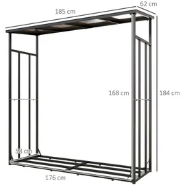 Outsunny Kaminholzregal 185 x 62 x 184 cm Brennholzregal mit wasserdichter Abdeckung, Feuerholzregal für Outdoor, Indoor, bis 2000 kg, Metall, Schwarz