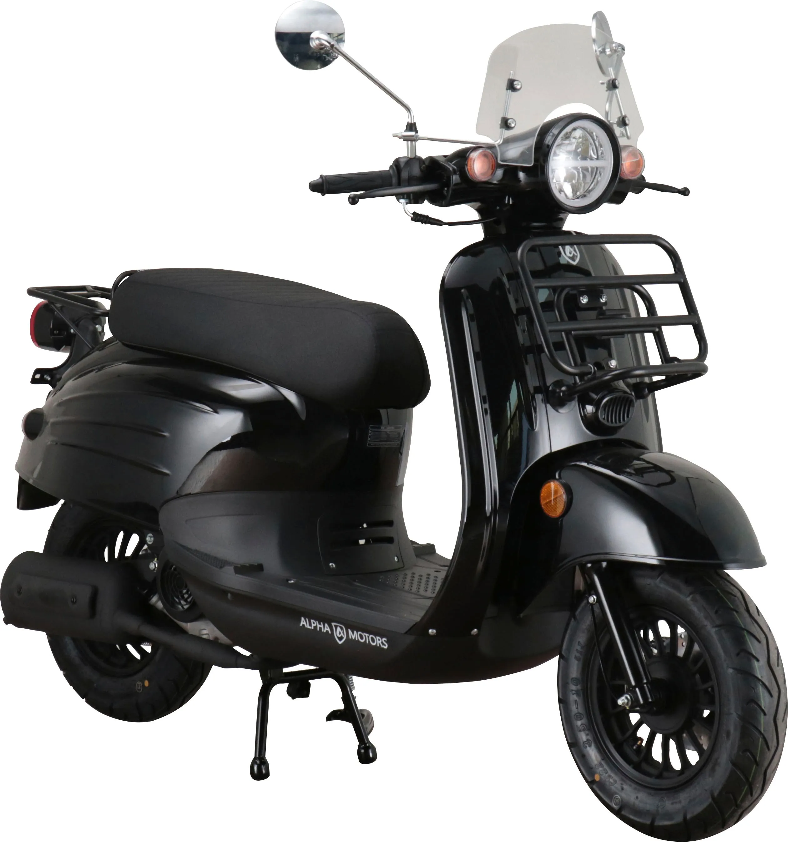 Motorroller ALPHA MOTORS "Adria" & Mofas schwarz (schwarz + schwarz) mit Lenkerschloss und Windschild