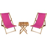 2 x Liegestuhl + Beistelltisch Strandliege Holz Sonnenliege Gartenliege Gartentisch Geölt Rosa - Rosa