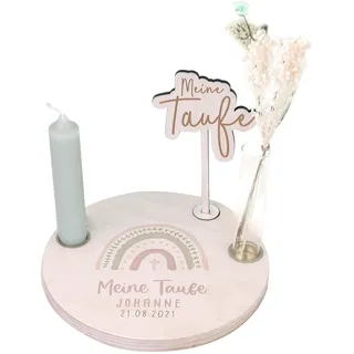 hellomini Personalisierter Taufteller - Taufgeschenk für Jungen Mädchen - Taufdeko mit Gravur - Taufandenken - Personalisierte Geschenke zur Taufe (Regenbogen Rosa)