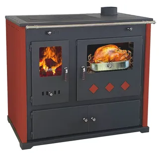 Prometey Kaminofen mit Backfach und Herdplatte Pracktik Lux Rot Holzofen 9,5 kW Kamin Ofen Dauerbrandofen Werkstattofen Schwedenofen Hüttenofen Heizofen