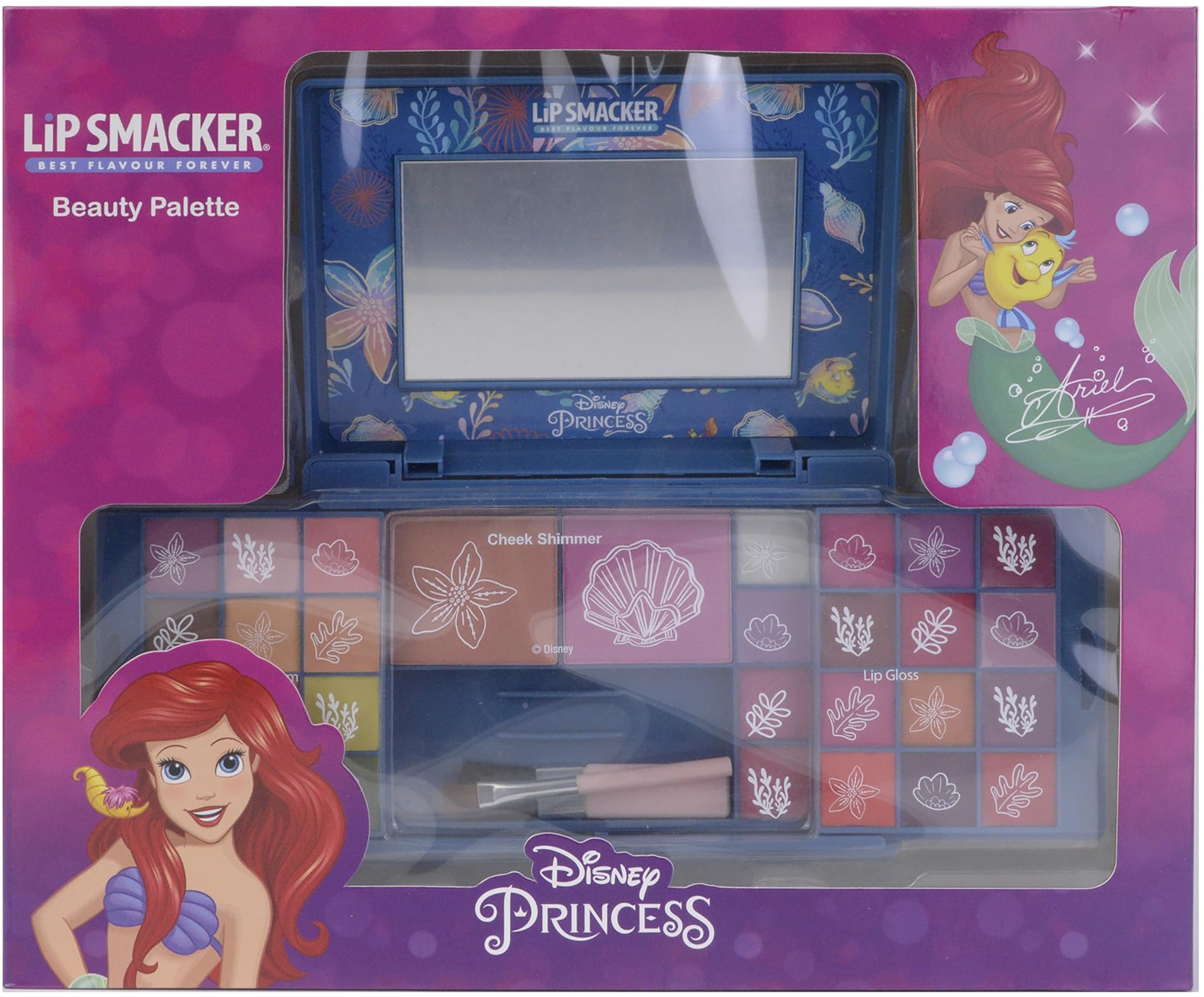 Lip Smacker Princess Ariel Beauty Palette, Make-up Geschenkset mit Buntem Lipgloss, Cremes, Rouge und Bronzer für den Perfekten Prinzessinnen-Look, Inkl. Zubehör