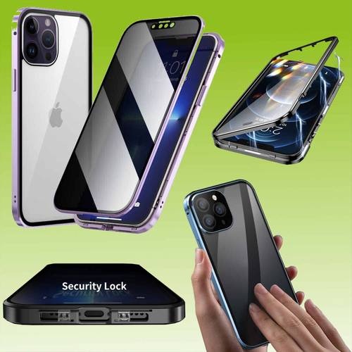Für Apple iPhone 14 Pro Beidseitiger 360 Grad Magnet / Glas Privacy Mirror Case Hülle Handy Tasche Bumper Lila