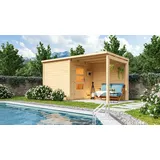 Karibu Saunahaus Außensauna Gartensauna Pepe 3 mit Anbaudach + 9kw Ofen und Easy Steuergerät Sparset 467,5x 196 cm Farbe: Naturbelassen