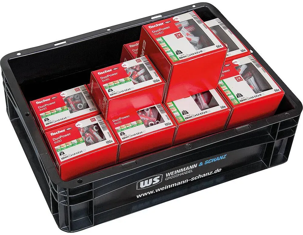 Vorteilspaket WS + Fischer, Dübel DuoPower (5 VPE 6 x 30 + 5 VPE 10 x 50), 750 Stück + gratis WS BOX