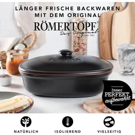 ROMERTOPF Römertopf Brottopf oval MEDI 2,3 Liter - Brotkasten Schwarz aus Keramik - Atmungsaktiver Tontopf für langanhaltende Frische von Brot und Brötchen