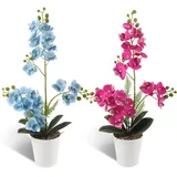 LEIMEND 2 Stück Orchideen Künstlich Kunstblumen im Topf Rosenrot und blau Künstliche Orchideen wie echt Künstliche Orchideen im Topf für Tischdekoration Wohnkultur Büro Hochzeitsfeier Dekoration