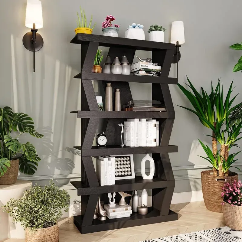 Caldion Bücherregal, Vitrine, Schaukasten mit 10 offenen Fächern, ungleichmäßiger dicker schwarzer Präsentationsständer, 160cmx29cmx120cm, Schwarz, MDF.
