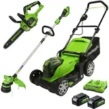 Greenworks Akku-Rasenmäher+Akku-Rasentrimmer GD24X2LT (Li-Ion 2x24V 33cm Schnittbreite 6200 U/min 2mm)+Akku-Kettensäge G24CS30 (Li-Ion 24V 7,8m/s Kettengeschwindigkeit 30cm)