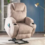Elektrisch Relaxsessel Massagesessel mit Heizung Vibration Liegefunktion und Aufstehhilfe, Fernsehsessel Liegesessel Polstersessel für ältere Menschen, Stoff-Liegesofa mit Fernbedienung, Hellbraun