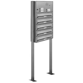 AL Briefkastensysteme 5 Fächer Premium Edelstahl Stand Briefkasten Anlage mit Klingeln, Post A4, modern, robust, wetterfest, Artikelnummer: 132V5S1KS