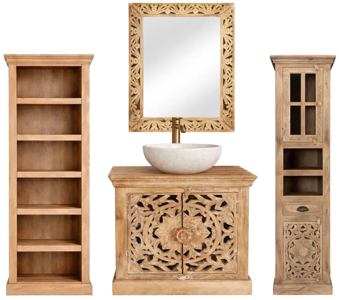Badezimmermöbel Kirpal Natur orientalisch Massivholz 4er Set