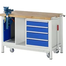 Rau Werkbank Stahl blau 1250x700x880mm fahrbar mit 4 Schubladen