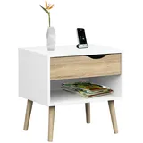 Tvilum Nachttisch mit einer Schublade und einem Ablagefach, Farbe Weiß und Eiche, Maße 50 x 39 cm