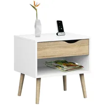 Tvilum Nachttisch mit einer Schublade und einem Ablagefach, Farbe Weiß und Eiche, Maße 50 x 39 cm