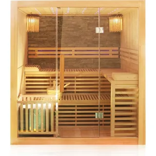 Dewello Dewello® Finnische Traditionelle Sauna SARNIA PLUS 180cm x 140cm inkl. 6 KW Harvia Ofen, inkl. Aufguss-Set, Sanduhr, Thermometer