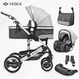 veska VESKA® 3 in 1 Kombi-Kinderwagen inkl. Babyschale, Jogger mit Wickeltasche, Moskitonetz, Regencover, Spieltisch, Autoschale Fußsack, QuickF... - anthrazit/grau)