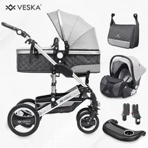 veska VESKA® 3 in 1 Kombi-Kinderwagen inkl. Babyschale, Jogger mit Wickeltasche, Moskitonetz, Regencover, Spieltisch, Autoschale Fußsack, QuickF... - anthrazit/grau)