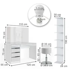 Vicco Schminktisch Sherry, Weiß Hochglanz/Weiß, 4 Teile, mit Aufbewahrungsregal, Spiegel, Hocker, led