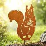 JACKANNA Gartendeko Eichhörnchen Deko Rost deko für Garten Gartendeko für Draußen Wetterfest,Herbstdeko Eichhörnchen Metall Roststecker Edelrost Beetstecker Terrasse Balkon