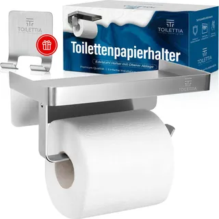 TOILETTIA® Toilettenpapierhalter mit Ablage, Montage mit/ohne Bohren, vielseitige Ablage mit sicheren Rändern für Wertgegenstände – langlebiger und rostbeständiger SUS304-Edelstahl WC Papierhalterung