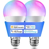 Meross Smart Glühbirne Set 2 LED-Glühbirnen kompatibel mit HomeKit, Siri, Alexa, Google Home und SmartThings, E27 RGBWW Wi-Fi-Glühbirne, dimmbar, mehrfarbig, mit Sprachsteuerung und Fernbedienung