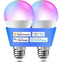 Meross Smart Glühbirne Set 2 LED-Glühbirnen kompatibel mit HomeKit, Siri, Alexa, Google Home und SmartThings, E27 RGBWW Wi-Fi-Glühbirne, dimmbar, mehrfarbig, mit Sprachsteuerung und Fernbedienung