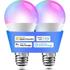 Meross Smart Glühbirne Set 2 LED-Glühbirnen kompatibel mit HomeKit, Siri, Alexa, Google Home und SmartThings, E27 RGBWW Wi-Fi-Glühbirne, dimmbar, mehrfarbig, mit Sprachsteuerung und Fernbedienung