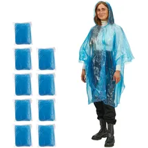 Relaxdays Regenponcho 10er Set, Einmal Regencape mit Kapuze, für Erwachsene, Notfallponcho Damen & Herren, blau