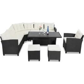 CASARIA Polyrattan Ecklounge Set WPC Esstisch Ecksofa Sessel 2 Hocker inkl. Sitzauflagen Kissen Wetterfest Outdoor Lounge Garten Terrasse Balkon