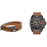 Diesel Herren Lederarmband mit Kragenstiftschließe Herren Mega Chief Chronograph, 51mm Gehäusegröße, Edelstahluhr