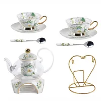 HSTWODE-9 Stück Europäischen Blumen Tee Set,Muster Bone China Tee Set Service Kaffee Set, Beheizte Glas Teekanne, Für Geschenk Und Haushalt, Hochzeit (Kamelienblüten-Muster)