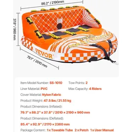 Vevor Fun Tube Set zum Bootfahren, Aufblasbare Schleppboote für 1–4 Personen, 300 kg Wassersport-Schleppschlauch zum Ziehen von Booten – mit Haltegriffen, Schlepppunkten und Sicherheitsventil