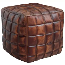 Kadima Design Echtleder Sitzhocker, abgesteppte Quadrate, Braun, Used-Look. 39x39x41 cm