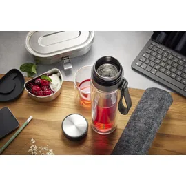 GEFU Trinkflasche GEFU "COMPANION", schwarz (schwarz, transparent), 450ml, Borosilikatglas, Trinkflaschen, Trinkflasche, Sicherheitsverschluss für 100%-igen Auslaufschutz und Einhandbedienung