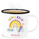 Emaille Becher Blechbecher - Einschulung Schulanfang Tasse - Schulkind 2024 Regenbogen - 300 ml - Weiß Schwarz - 2023 schulanfänger name häferl namenstasse einschulung-schulkind tassen