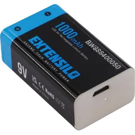 EXTENSILO 4x 9V-Akku Block für diverse Geräte (1000mah, 9v, Li-Ion), ready-to-use, mit Micro USB Buchse